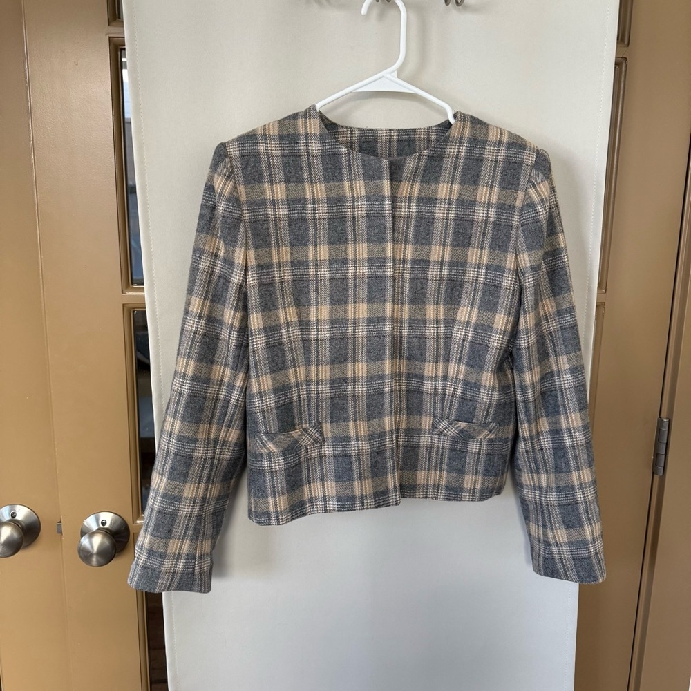 Barclay Petites Women’s 14 Vintage Grey Tan Wool‎ Blend Crop Button Up Jacket